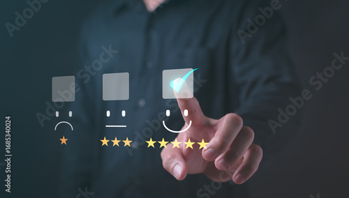 Happy employee rating online feedback survey for corporate customer service excellence in business management enhancing quality performance and reputation