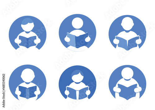 Six stylized icons of people reading books inside blue circles