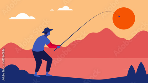 Witness a Fisherman Casting Line a Peaceful Scene of Outdoor Sport and Connection with Nature