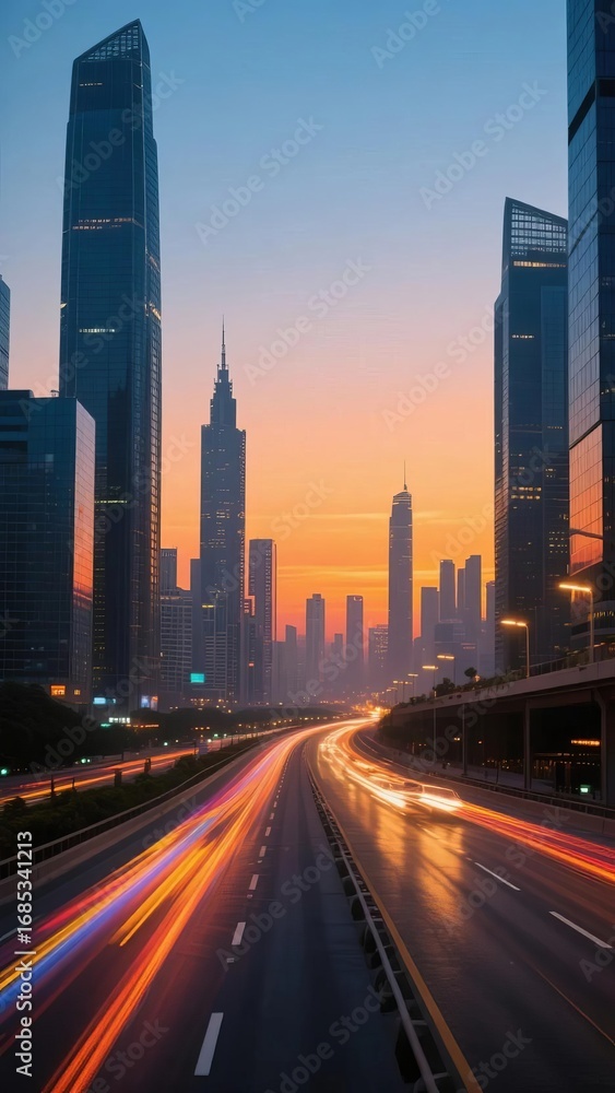 Fototapeta premium Cityscape at Dusk with Light Trails on a Highway