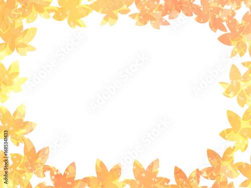 秋の紅葉のイメージの背景素材。水彩風テクスチャー。紅葉の葉っぱのシルエット。黄色い色調。ふんわりした光の輝き。広いコピースペース。