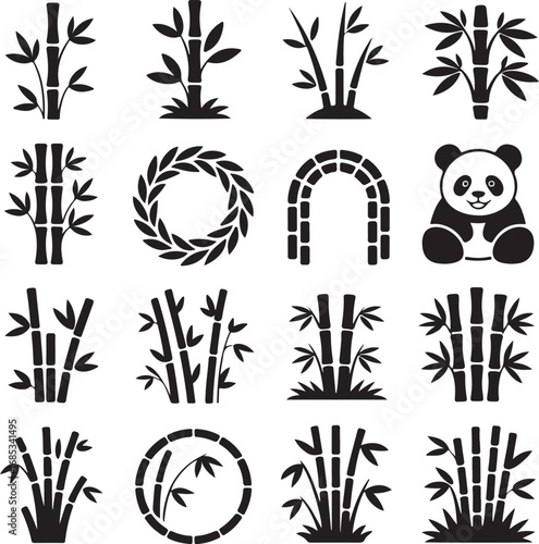 Bamboo plant and panda silhouette icons with decorative elements stalk leaf