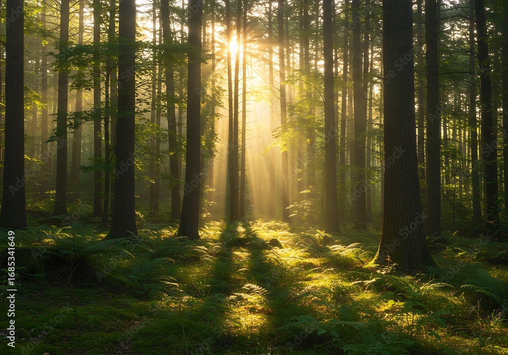 Fototapeta premium Sunlight streaming through a lush forest canopy creating a vibrant, serene scene