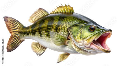 Detailed Largemouth Bass Illustration with Open Mouth on Black Background, Highlighting Texture and Intricate Details, Realistic Fish Portrayal