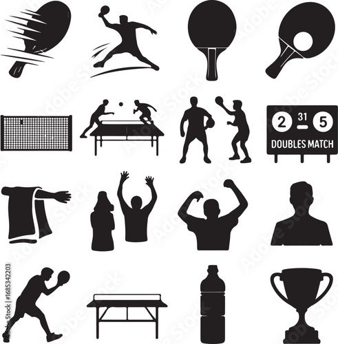 Table tennis sport icons silhouettes of players and equipment ping pong game