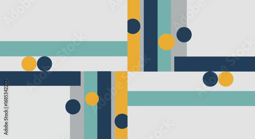 Abstract graphic design featuring a modern geometric composition with vibrant colorful stripes and contrasting circular elements, creating a visually engaging and dynamic pattern