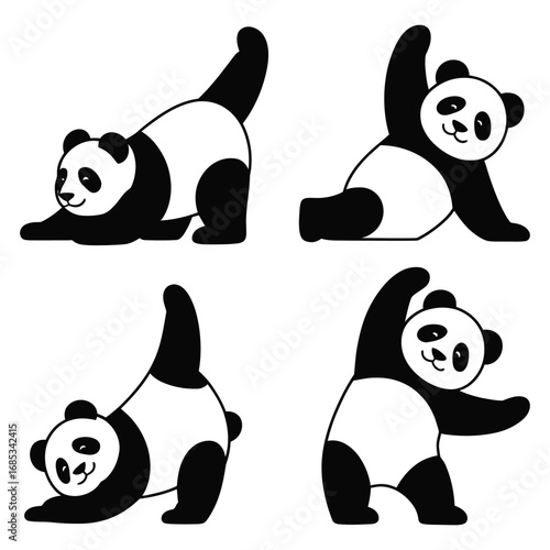 Four playful pandas in yoga poses bear black