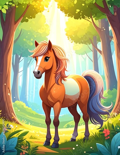 Horse in a sunlit forest glade
