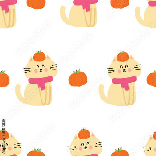 Wallpaper Mural Seamless pattern cartoon cute kitten wearing scarf and pumpkin with autumn vibes. cute autumn fall wallpaper for fabric print, gift wrapper Torontodigital.ca
