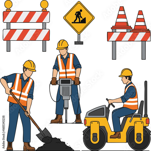 Construction workers performing road repairs with heavy machinery on a sunny day, showcasing infrastructure maintenance and teamwork.