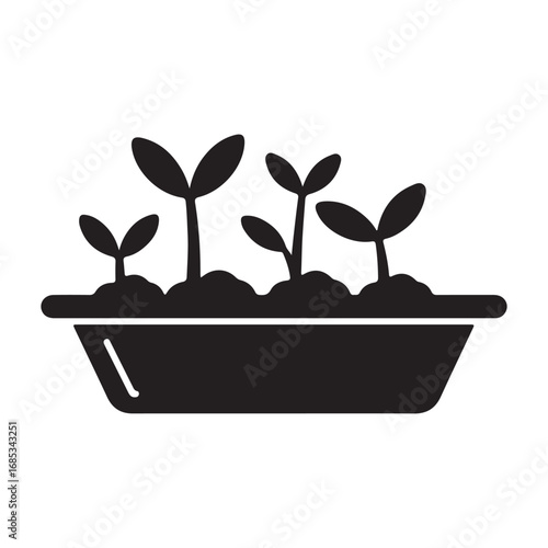 Black silhouette of plant seedlings growing in a rectangular pot symbolizing growth and new beginnings promoting sustainable agriculture and environmental awareness