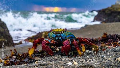 Colorful crab on a sandy beach at sunrise