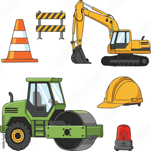 Cartoon construction equipment sits neatly arranged on a white surface, showcasing essential tools for building and roadwork in a cheerful, playful style.