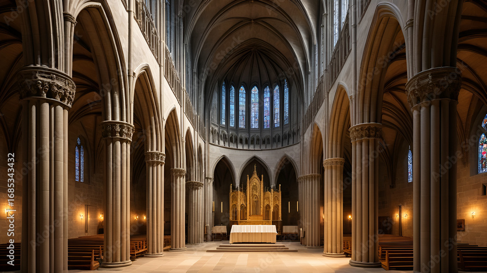 Fototapeta premium Gregorian Chant Music: Ethereal, serene shapes and muted, spiritual colors representing the ancient and harmonious melodies, with abstract cathedral arches and sacred symbols