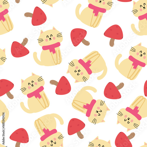 Wallpaper Mural Seamless pattern cartoon cute kitten and mushroom with autumn vibes. cute autumn fall wallpaper for fabric print, gift wrapper Torontodigital.ca