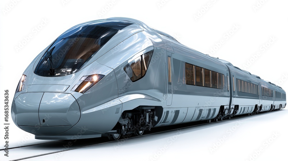 Naklejka premium Modern High Speed Train on Tracks Sleek Silver Design Passenger Transportation