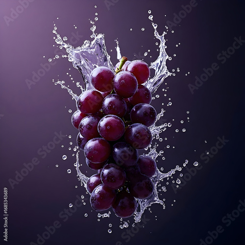A bunch of red grapes with water splashing around them on dark background