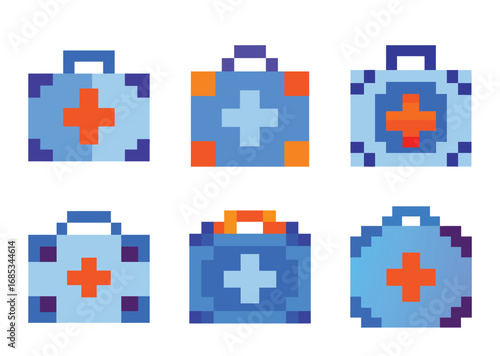 Collection of Pixel Art First Aid Kits in Varying Color Palettes and Shapes