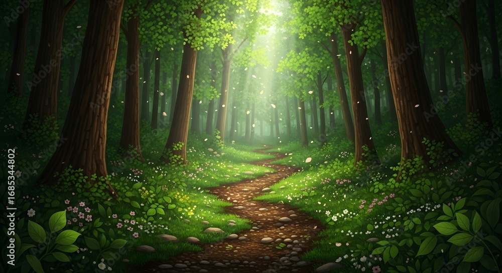 Obraz premium Enchanting forest path bathed in ethereal sunlight, with lush green foliage and a gentle scattering of magical dust motes creating a serene and inviting atmosphere