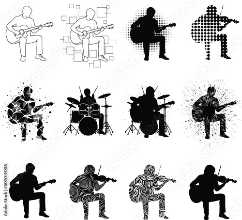 Creative musician silhouette illustrations of guitarists, violinists, and drummers with abstract effects and artistic textures for music-themed designs