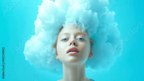Woman's head transformed into soft white cloud against turquoise background. Partial facial features visible through misty cloud formation. Dreamlike artistic portrait with soft focus