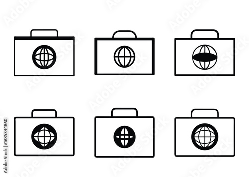 Collection of six travel briefcases with global symbols in black and white