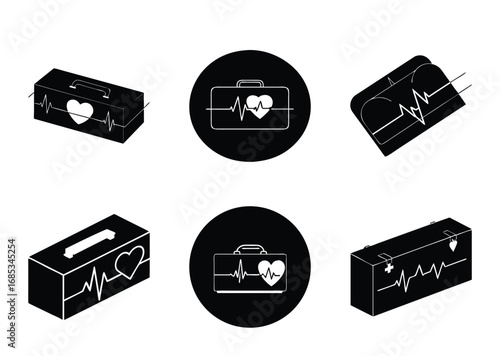 Isometric vector illustrations depicting first aid kit cases with heart beat symbols