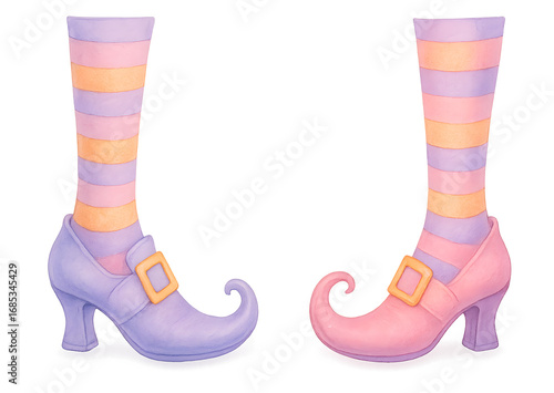 Two cartoonish, striped, purple and pink witch's feet