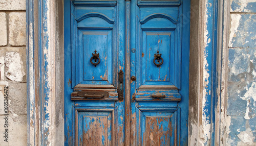 Weathered blue wooden door with peeling paint and metal knockers on old stone wall, rustic vintage entrance showing texture and aged charm