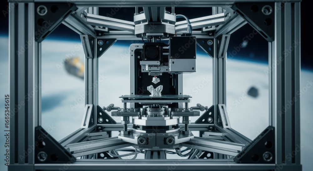 Fototapeta premium Zerogravity 3D printing test stand mounted on a flight rig frame emphasizing robust fixture design for stable operations in turbulent microgravity.