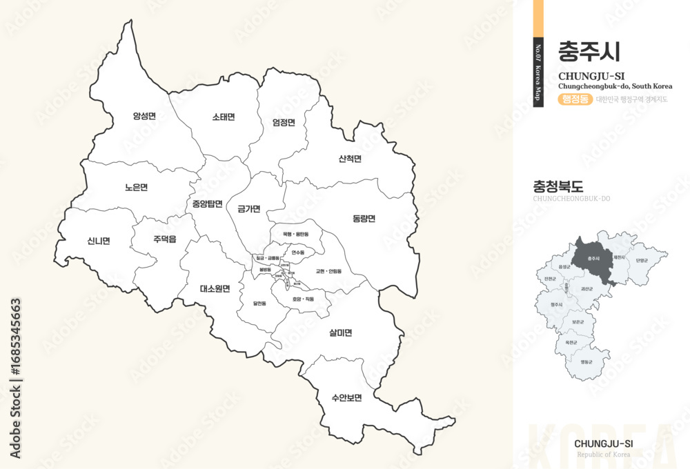 Obraz premium 충청북도 충주시 행정동 윤곽선 지도