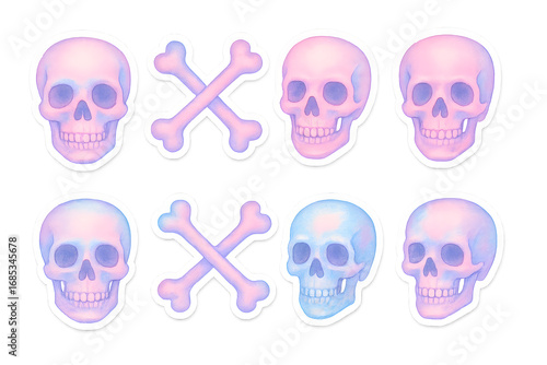 Pink skulls with blue bones and a skull with a skull on it