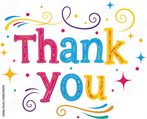 Colorful 'Thank You' design with playful swirls and stars. Gratitude expression, appreciation message, festive celebration, card, banner, positive, decoration