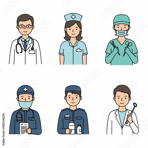 Diverse set of cartoon healthcare professionals: doctor, nurse, surgeon, paramedic, pharmacist, and dentist, representing essential medical services.