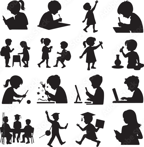 Children silhouettes engaged in various educational and playful activities kids learning