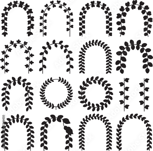 Collection of decorative floral arch and wreath silhouettes with leaves vector illustration