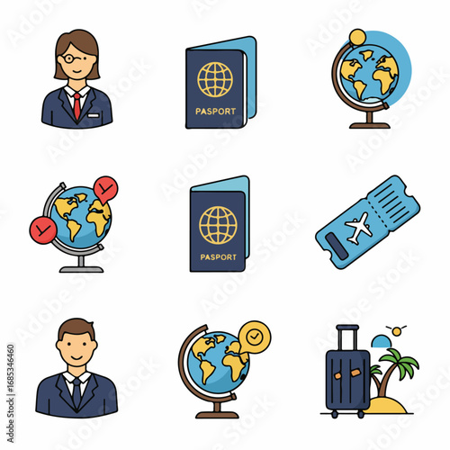 Flat design travel and tourism icon set, featuring business travelers, passports, globes, airplane tickets, and vacation luggage, perfect for global journey concepts.