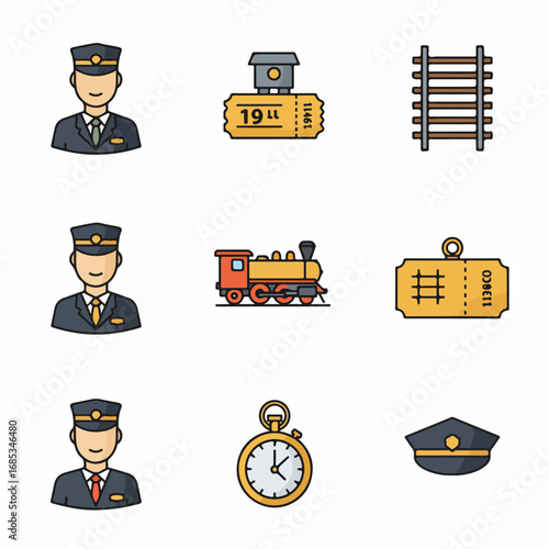 Set of train travel and railway transportation icons, featuring conductors, tickets, locomotives, tracks, and timepieces in a flat design style.