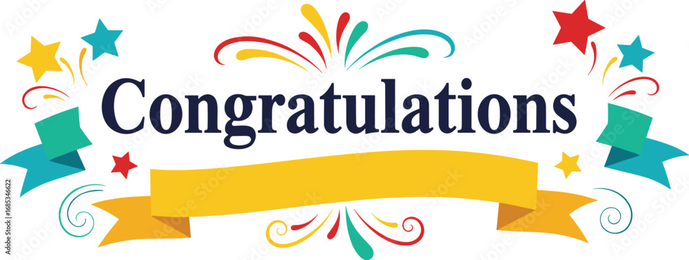 Colorful congratulations graphic with stars and banner. Achievement, celebration, congratulatory, wishes, greeting, card, party