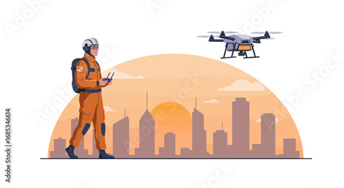 A professional drone pilot in an orange suit operates a flying drone above a modern city skyline at sunset.