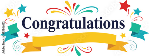 Colorful congratulations graphic with stars and banner. Achievement, celebration, congratulatory, wishes, greeting, card, party