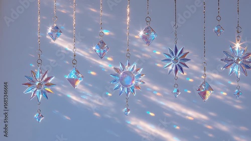 風に揺れて回るサンキャッチャーが太陽光を反射し虹色に輝く generative ai