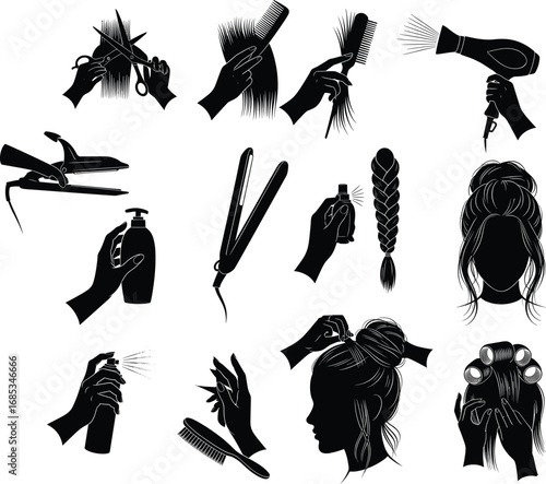 Hair care and hairstyling silhouettes with scissors, combs, hairdryer, straightener, spray, braids, buns, rollers, and styling hands