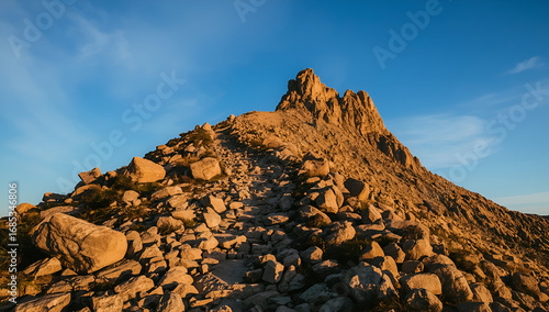 A rocky mountain under a clear blue sky.
