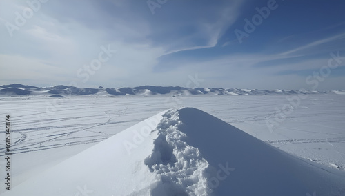 A snowy landscape with a trail cutting through the snow