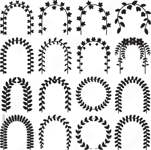 Assortment of leafy arch and circular wreath silhouettes for decoration floral