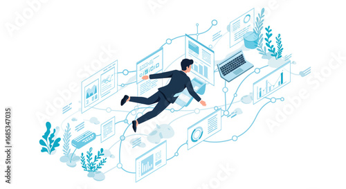 A businessman in a suit swims through a virtual environment of data dashboards, charts, and analytics.