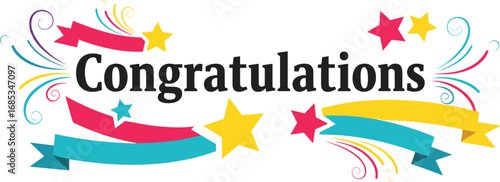 Congratulations illustration with ribbons and stars. Celebration, greeting card, graphic design, colorful, festive, achievement, encouragement, best wishes, success