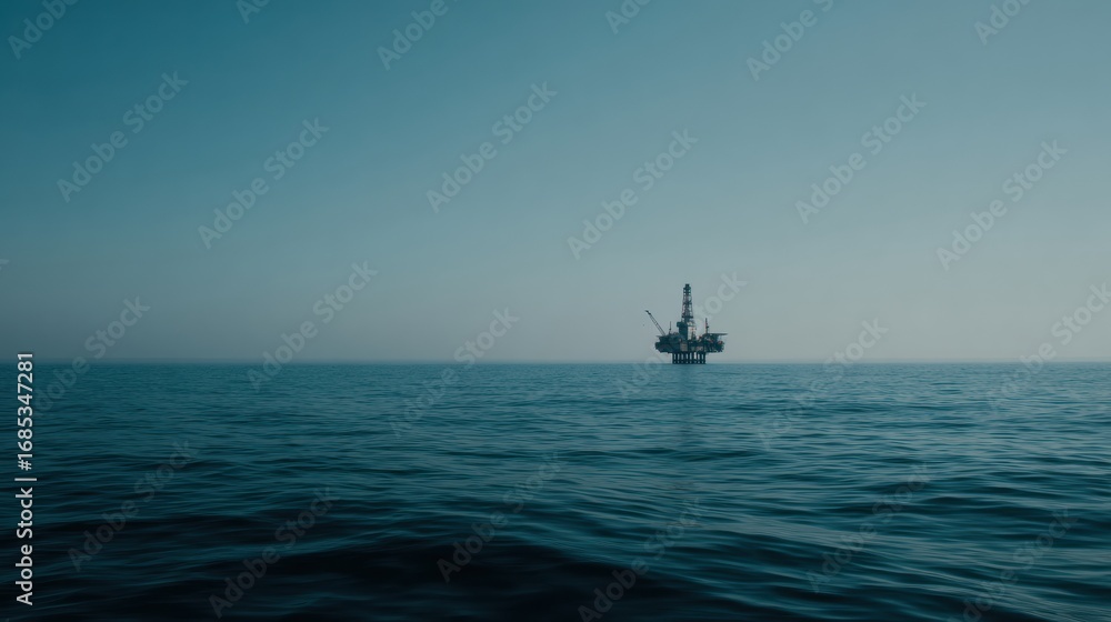 Fototapeta premium Offshore wind platform stands prominently in distance, surrounded by calm ocean waters under clear blue sky. serene atmosphere evokes sense of tranquility and innovation