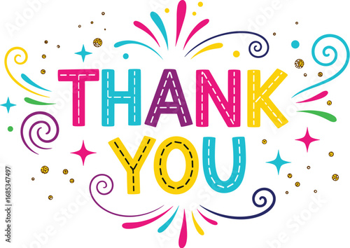 Colorful 'Thank You' design with celebratory accents. Gratitude, appreciation, vibrant, greeting, festive, celebration, event, typography, graphic, card, message, design